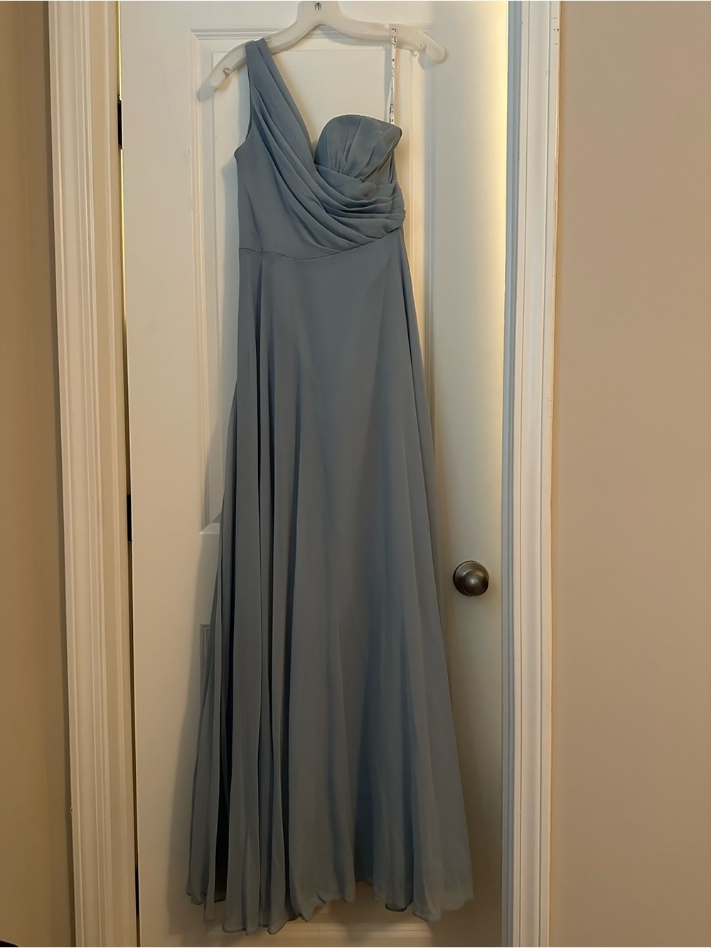 One-Shoulder Chiffon Evening Dress in Dusty Blue